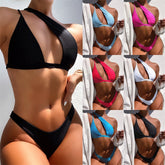 New single side strap solid color bikini creative split swimsuit