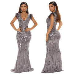European and American fashion new bag hip skirt shoulder feather long sequin sexy evening dress dress