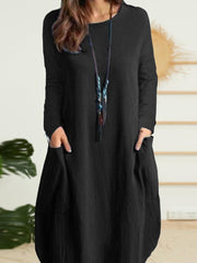 ZANZEA Women Elegant Dresses Solid O-Neck Long Sleeve Vintage Knee Length Dress Fashion Holiday Casual Loose Ladies Vestido Plus Size