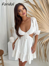 فستان صيفي قصير لطيف أبيض كاجوال من القطن بأكمام منتفخة مثير بياقة على شكل V للحفلات بدون ظهر شيفون مطبوع عليه زهور للشاطئ أخضر فستان بوهو