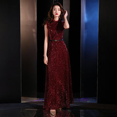 Ladies Small High Neck Fashion Party Dress Sequined Party Evening Dress Crimson Sleeveless Dress Dress