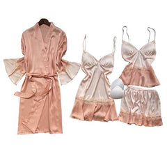 Summer Pajamas Women Chest Pad Nightgown Strap Silk Nightdress 4 Pcs Set Tops Long Sleeve Pijama Mujer Lingerie