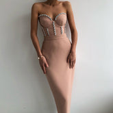 Sexy Strapless Women Bandage Bodycon Dress 2023 New Elegant Beaded Evening Club Midi Dress Summer Autumn Clothes