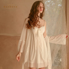 Spring 2022 Women's sexy Nightgown Robe Gauze Lace See-through Straps Nightdress Female Lingerie Home Dress Pajama White 1256