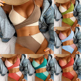 New European and American solid color matching thick pit strip cross straps high waist bikini sexy swimsuit swimsuit