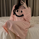 Spring and autumn cotton pull cotton sweet long-sleeved nightdress smiling face mid-length home clothes can be worn outside