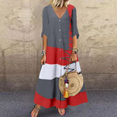 ZANZEA ladies European and American style contrast stitching design V-neck buttoned long-sleeved shirt dress Fashion trend elegant and ankle skirt loose spring and summer daily casual bohemian vacation style shirt dress large size