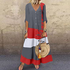 ZANZEA ladies European and American style contrast stitching design V-neck buttoned long-sleeved shirt dress Fashion trend elegant and ankle skirt loose spring and summer daily casual bohemian vacation style shirt dress large size