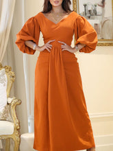 Orange v-neck elegant waist puff sleeve dress