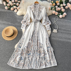 Ethnic court style elegant stand-up collar lantern sleeve printed dress with large A-line knee-length skirt