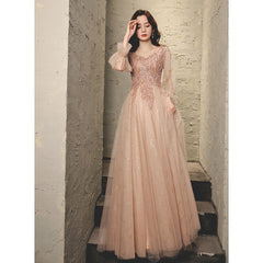 Hot sale new evening dress women's long skirt new host temperament banquet temperament long-sleeved pink dress fashion