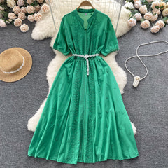 French style gentle and thin embroidery V-neck dress with puff sleeves mid-length skirt