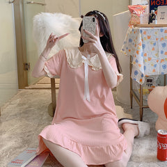 Palace Sleepdress Short Sleeve Lady Korean version fashion doll collar midlength skirt pajamas generous style nightdress summer