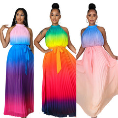 Round neck sleeveless elegant tie-dye elegant waist dress
