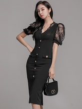 فستان نسائي كوري أنيق من H Han Queen مرقع من الدانتيل فستان نسائي صيفي بصدر واحد ملابس مكتبية غمد Bodycon