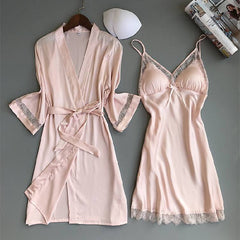 Women Kimono Bathrobe WHITE Bride Bridesmaid Wedding Robe Set Ladies Lace Trim Sleepwear Casual Home Clothes Nightwear