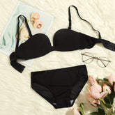 Fashion Ladies Black Sexy Bra Set Gathering Underwire Adjustable Back Double Buckle Adjustable Underwear