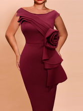 AOMEI Party Evening Dress Women Burgundy Midi O Neck Sleeveless Flower Ruffles High Waist Bodycon Wedding Cocktail Event Gowns