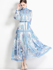 Spring Summer Floral Printed Long Sleeve Stand Collar Chiffon Dress Women Elegant A-line Long Dresses With Belt