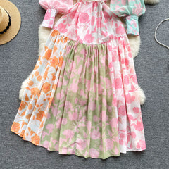 Spring and summer thin section French style high-end sense stand-up collar single-breasted lantern long-sleeved tie-up waist and large printed d