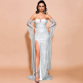 Popular off shoulder off the back glittering women's long sleeve elegant slit evening dress dress Promotion Factory Direct