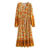 فستان طويل الأكمام للسيدات من هابي كوينز وربطة عنق وشرابة عرقية مطبوعة بالزهور للشاطئ البوهيمي فستان طويل للسيدات رايون بوهو فستان فيستدوس