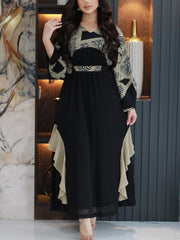 Black and white color block print fringed dress