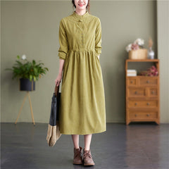 Spring 2023 new style literary and artistic retro button stand collar casual temperament versatile corduroy dress