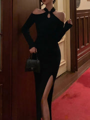 Sexy Ladies Midi Knit Black Dress Elegant Split Party Evening Vest Ladies One Piece Robe