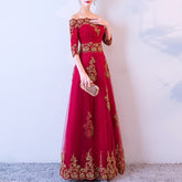 Ladies Off Shoulder Long Sleeves Embroidered Lace Appliquéd Festival Party Evening Dress