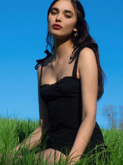 Sweet Black Summer Mini Dresses Bandage Backless Korean Women Sexy Mesh Wrap Sundress Bodycon Casual Clothing