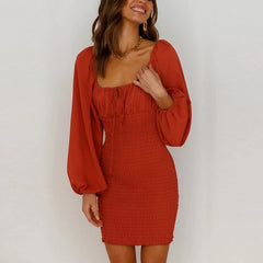 Sexy Square Collar Puff Long Sleeve Mini Dress Female Elegant Solid Color Straight Dresses Female Red Bodycon Dresses