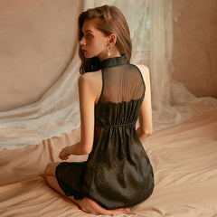 Women's Sexy Skirt Retro Chinese Cheongsam Collar Satin Mesh Perspective Sleeping Skirt Thong Set Night Dress Female Nightgown