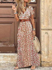 فستان بوهو طويل للنساء موضة رقبة على شكل V وأكمام قصيرة فساتين مطبوعة بيزلي فستان صيفي بحاشية كبيرة للشاطئ فستان ماكسي أنيق