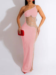 ساطع الحفر الساخن الديكور مثير كتف واحد بلا أكمام الخصر النحيف شبكة انظر من خلال الورك فستان طويل فستان الموضة الأوروبية والأمريكية مزاجه أنيق