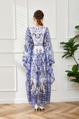 490 real shot retro court style round neck horn long sleeve loose blue and white porcelain printed A-line skirt Tencel long skirt