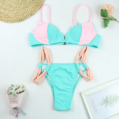 Explosive Ladies Swimsuit Bikini Solid Color Stitching Ribbon Bikini Swimsuit Split Swimsuit Women