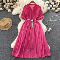 French style gentle and thin embroidery V-neck dress with puff sleeves mid-length skirt