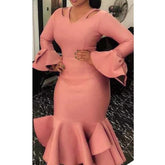 Round neck bow hollow large size slim ruffled high waist flared long sleeve dress women