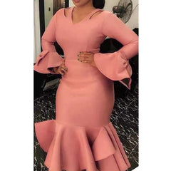 Round neck bow hollow large size slim ruffled high waist flared long sleeve dress women