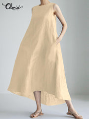 Celmia Elegant Dresses For Women 2022 Solid Sleeveless Suspender Loose A-Line Vestidos Bohemian Party Casual Summer Plus Size Long Dresses