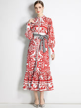 فستان طويل بطباعة هندسية بوهو، صدر واحد، وياقة واقفة صغيرة