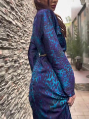 Blue Elegant Leopard Print Slit Dress