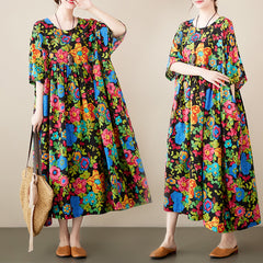 Simple bohemian dress 2023 summer new pastoral style extra wide short-sleeved large dress
