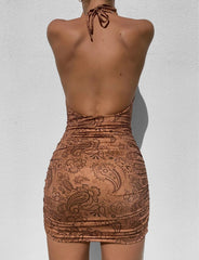 Europe and the United States new women's wish Dunhuang new sleeveless halterneck pencil skirt printed mini skirt