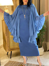 Blue Chiffon Elegant Ruffle Sleeve Slim Dress