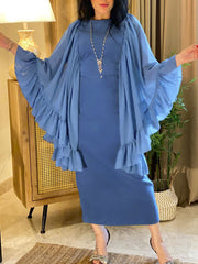 Blue Chiffon Elegant Ruffle Sleeve Slim Dress