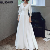 Ladies V-Neck Long Mid-Sleeve Simple Banquet Evening Dress LX095