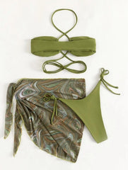 New drawstring strap skirt mesh split bikini with chest pad no steel support three-piece swimsuit bikini