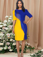 Elegant round neck stitching short sleeve fringed mid-length slit dress dress large size women